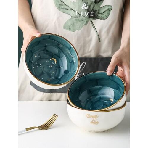 Starry Sky Gold Rim Handmade Ceramic Salad Bowl Porcelain Kitchen Soup Rice Instant Noodles Bowl Dinnerware Set Home Tableware