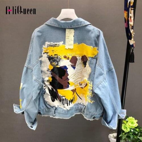 Hand Painted Pattern Chic Coat Letters Print Cool Girl Denim Jacket 2019 Autumn Spring Fashion Pockets Denim Outwear Jacket