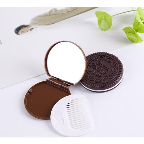 1Pcs Cookie Shaped Chocolate Mini Makeup Mirror Compact Pocket Mirror Portable Folding Cosmetic Mirror With 1Pc Comb Women Gifts