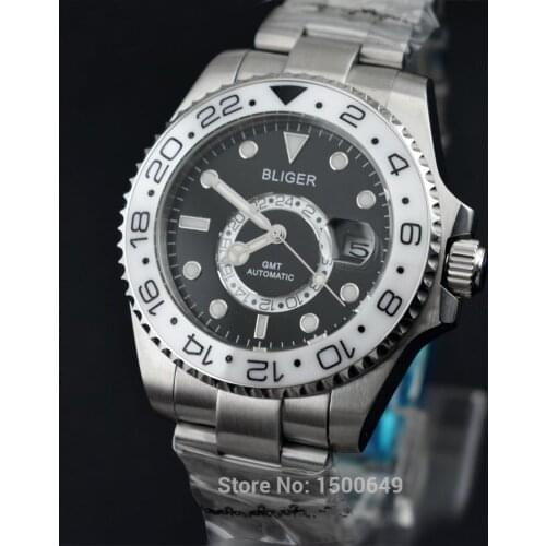 BLIGER 43mm New Blue luminous pointer function Ceramic Rotate Bezel black dial with beads date Wrist mens automatic watches