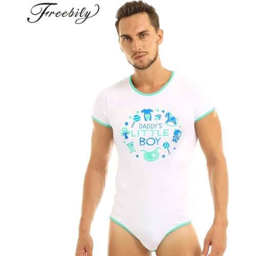Adult Babies Mens Lingerie Round Neck Short Sleeves Press Button Crotch Front Printed Daddys Little Boy Bodysuit Romper Pajamas