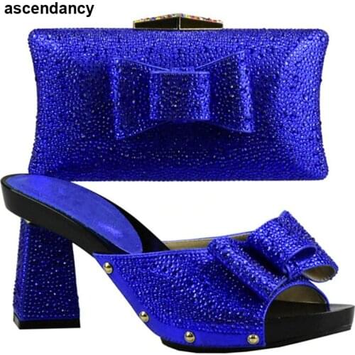 New Arrival Blue Color Italian Shoes with Matching Bags High Quality African Party Shoes and Bag Set Decorated with Rhinestone