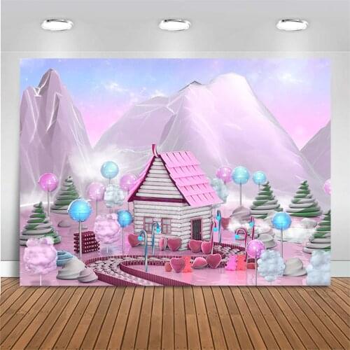 Mocsicka Pink Candyland Castle Birthday Backdrop Photography Lollipop Newborn Baby Shower Party Photo Background House Mountain