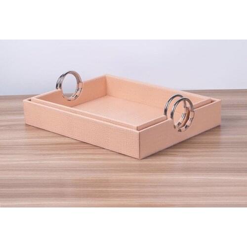 Pink Handmade PU Leather breakfast serving tray pink square Jewelry display tray with metal handles
