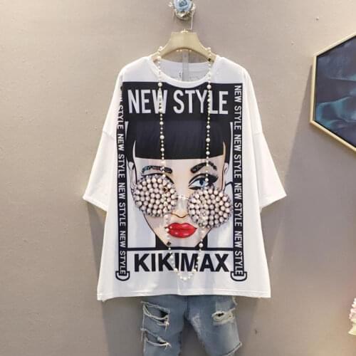 Harajuku Shirts Summer Cartoon Girls Printed Beads T-shirts O-Neck Loose Diamonds Tees Streetwear Dress Short-sleeved Crop Tops