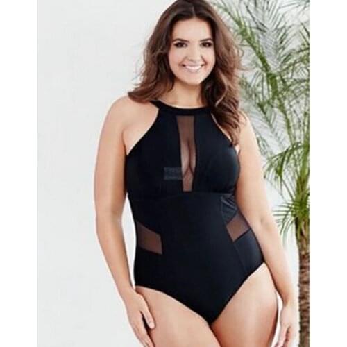 Mesh one pieces swimsuit for plus size women black mesh halter one piece swimwear low cut mesh monokini plus size bathing suit