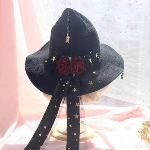 Lolita Halloween Retro Witch Hat Masquerade Rose Big Bow Wizard Hat Gothic Magical Hat Cosplay Accessories Party Decor