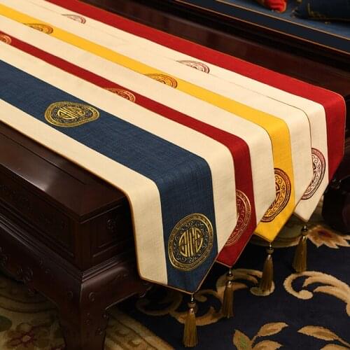 Chinese style traditional embroidery table runner Cotton linen tea table long cloth Red blue stitching non-slip table flag