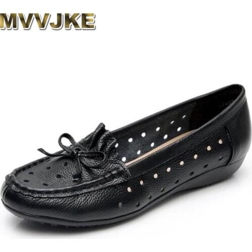 MVVJKE Newest Spring Summer Round Head Shallow Genuine Leather Shoes Bow Hollow Fashion Casual Shoes Soft Comfort Women FlatShoe