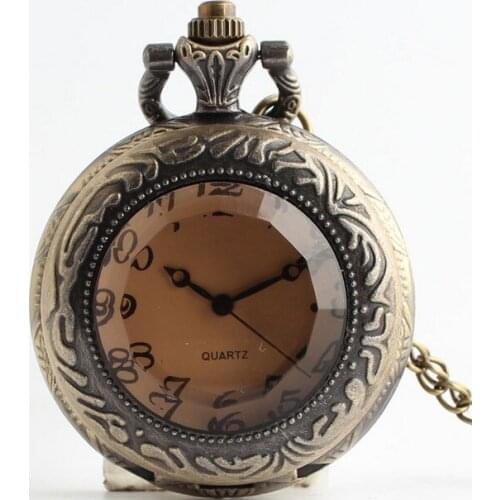 Vintage Bronze Antiques Dark brown glass Modern Hours Quartz Steam Punks Necklace Pocket Watch gift