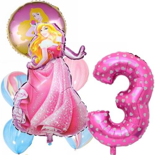 7pcs/Lot Cartoon Pink Princess Aurora 32'' Number Foil Balloons Girl Favor 1 2 3 Birthday Party Decoration Suit Supplies