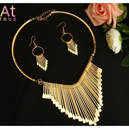 Jewelry Gold/Silver Color Fashion Metal Tassel Jewelry Set Bib Necklace Earring For Woman Boho Maxi Torque Collar Necklace