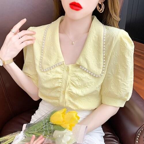 Yellow Summer French Pearl Peter pan Collar puff Sleeve Shirt Womens Bead Female Shirts Clothing Tops Blouse For Woman Blusa