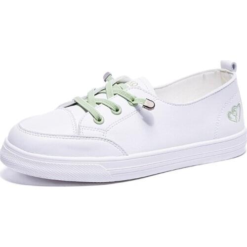 2021 Women White Shoes Fashion Leisure Female Solid Color Lace up Breathable PU Leather Platform Flat Vulcanized Sneakers