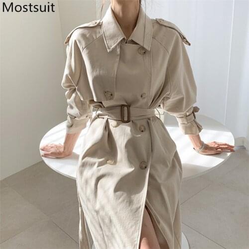 High Quality Korean Fashion Women Long Trench Coat Double-breasted Turn-down Collar Belted Ladies Elegant Outercoat Overcoat
