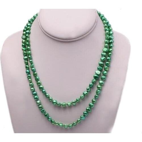 2 Rows Women Jewelry 6x7mm deep green flat baroque freshwater pearl necklace AAA natural pearl gift