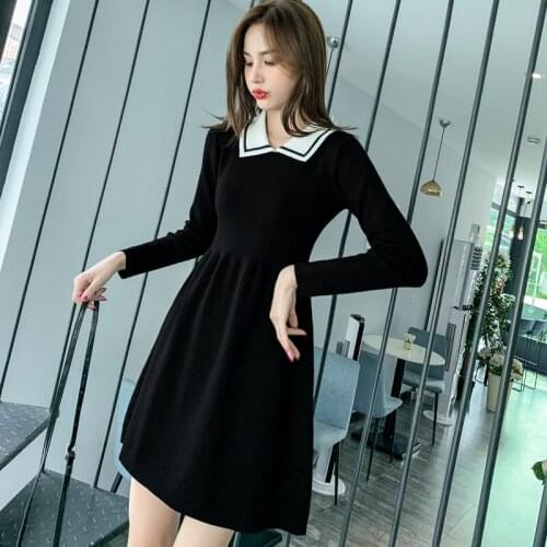 2021 New Dress Women Elegant Vintage A-line Long Sleeve Solid Dresses Autumn WInter Girls Mini knitting Sweater Dress Vestidos