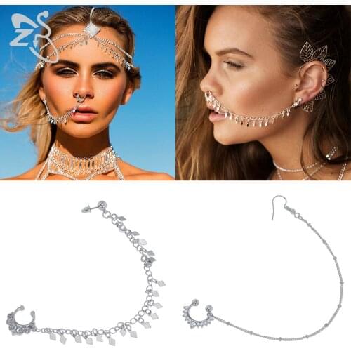ZS 1 PC Bohemian No-Pierced Nose Ring With Geometric Tassel Earring For Women Silver Gold Color Nose Clip Hook Earrings Jewelry