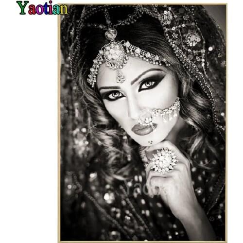 DIY 5D Diamond Painting Full Square/Round Diamond Embroidery Black and White Indian Beautiful Woman Cross Stitch Mosaic Decor