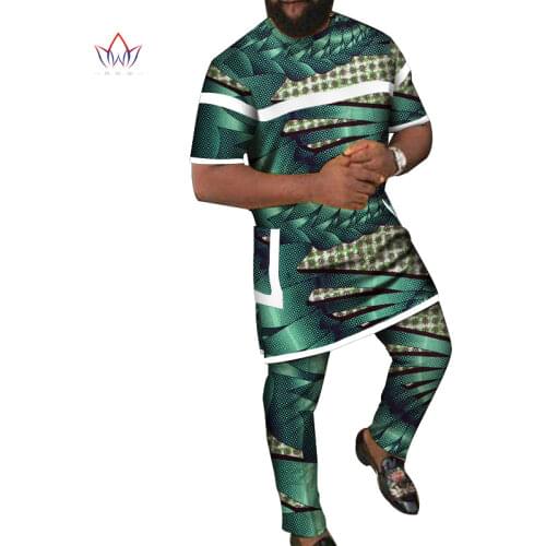 Bazin Riche Men 2 Pieces Pants Sets African Clothes Casual Men Patchwork Short Sleeve Top Tees with Pocket and Pants Sets WYN787