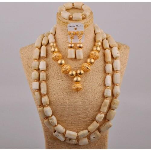 White African Coral Beads Jewelry Set 3 Layers Long Necklace+ Bracelet+Earrings Nigerian Wedding Accessories Traditional