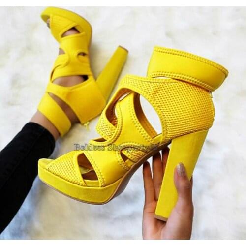 Fashion Chunky Heeled Ankle Straps High Heel Sandals Woman Bright Yellow Designer Shallow Summer Cross Band Dress Shoes Heels