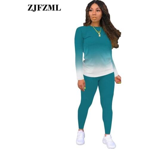 Active Wear Gradient Color Two Piece Pant Suit Women Long Sleeve Workout T-shirt and Slim Fit Legging Loungewear Co Ord Outfit