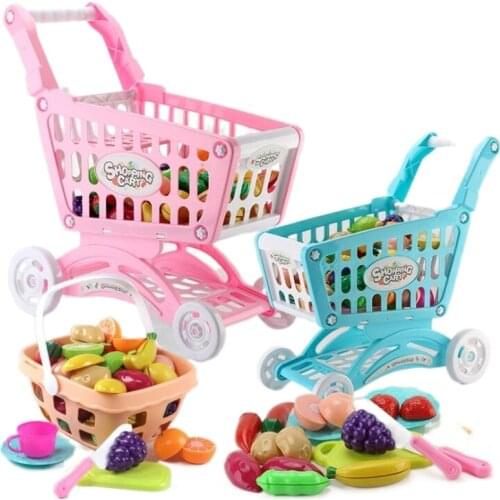 Children Supermarket Shopping Cart Trolley Push Car Toys Basket Simulation Cut Fruit Mini Food Pretend Play House Girls Toy