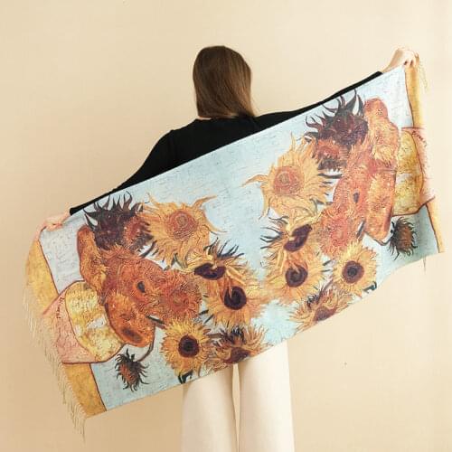 Designer New Women Winter Cashmere Scarf Shawl Digital Painted Shawl Spring Van Gogh Oil Painting Pashmina Ladies Blanket Scarf
