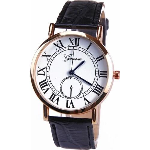 Gnova Platinum TOP Elegant Roman Numbers Fashion Watch Women Geneva Style Quartz Vintage Wristwatch White Face PU leather B006