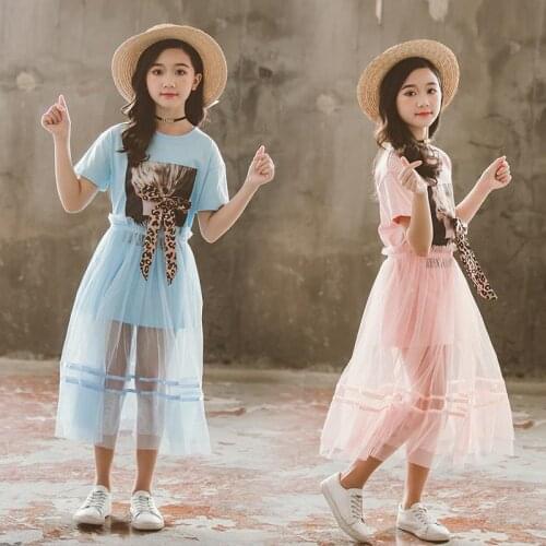 2021 new Summer Kids Girls Clothes fashion Leopard Bowknot T-shirt + long Mesh Skirt Outfits Teenager 4 5 6 7 9 8 10 11 12 year