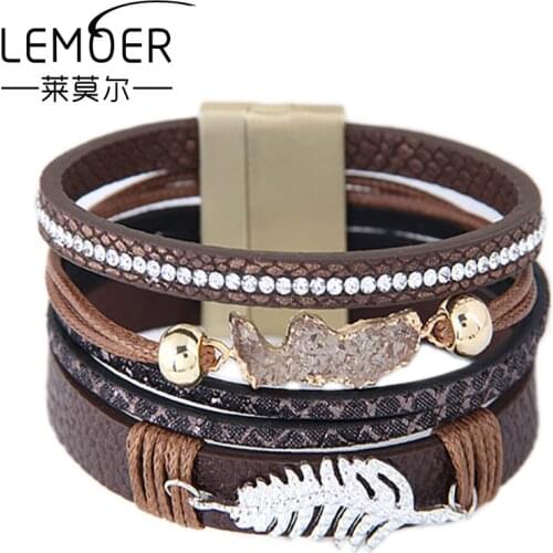 LEMOER 2019 Fashion Multilayer Magnetic Leather Bracelets Women Handmade Irregular Shape Leave Charm pulseira feminina Jewelry