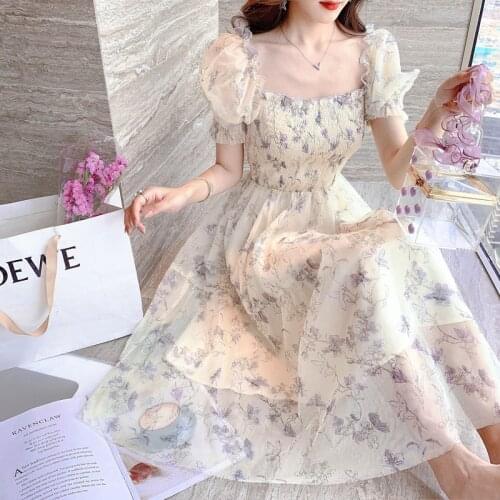 Summer Chiffon Elegant Dress Women Floral Print Sweet Princess Casual Midi Dress Female Puff Sleeve Party Holiday Dress