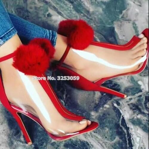ALMUDENA Young Girls Sweet Big Fur Pom Pom Sandal Boots Clear PVC Peep Toe Ankle Boots Stiletto Heels Zipper See Through Sandal