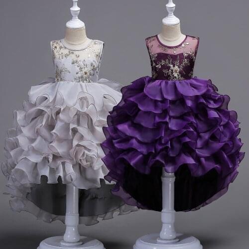 Girls Embroidered Layered Dress Trailing tutu Layered Wedding Birthday Party Dresses Prom Frocks vestidos 6 8 10 12 14 16 Years