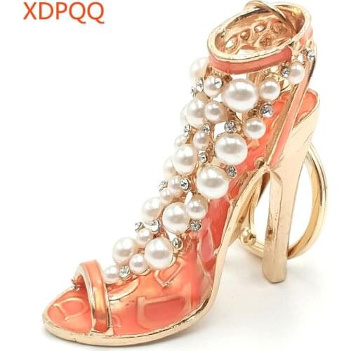 Fashion Keychain Pendant Sexy Red Painted High Heels Keychain Alloy Letter D White Pearl Rhinestone Stereo Keychain Gift