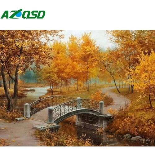 AZQSD Diamond Painting Kit Autumn Bridge Needlework Diamond Mosaic Landscape Cross Stitch Picture Of Rhinestones Handmade Craft