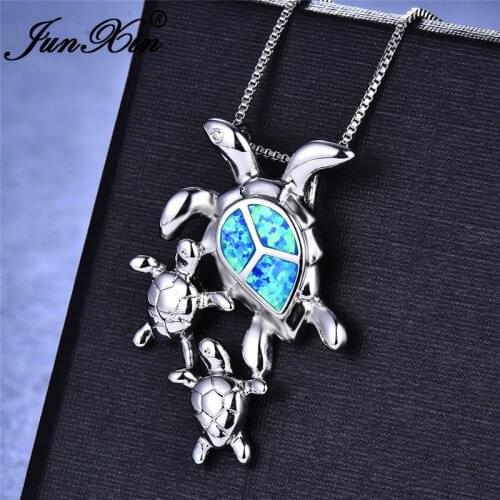 JUNXIN White Gold Filled Family Mom Baby Turtle Pendant Necklaces For Women Men Blue White Fire Opal Necklace Wedding Jewelry