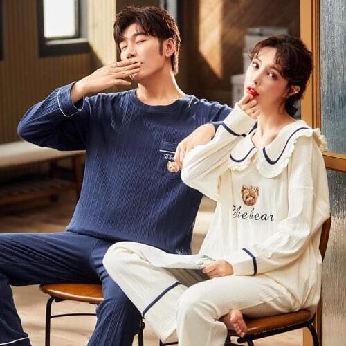 SLPBELY Cotton Couple Pajamas Set Nightsuit Spring Cartoon Lapel Long Sleeve Soft Men And Women Nightwear Pyjamas Casual Wear