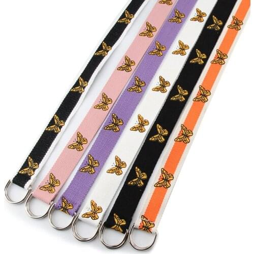 Women Belt Double D Ring Buckle Fashion butterfly printed Canvas Waist Strap Female Casual waistband for jeans trouser Accessory