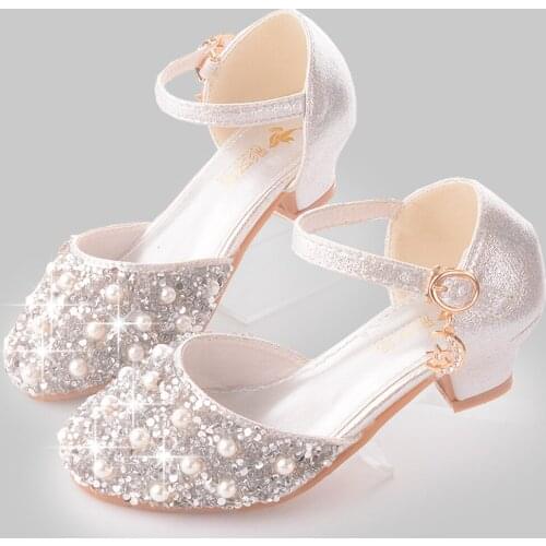 Flower Girls Shoes Beaded Silver White Pink Kids Birthday Party Sandals Low-heeled Bridesmaid Wedding Dressy Shoes Summer 3t 4t