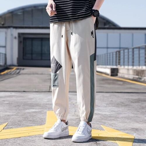 2021 Spring and Autumn Stitching Sports Pants Trousers Mens Loose Casual Pants Small Feet Tide Brand Cropped Feet Pants 4Xl