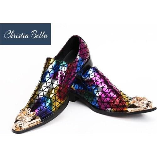 Christia Bella New Italian Fashion Designer Oxfords Shoes for Men Genuine Leather Colorful Plaid Dress Shoes Men Wedding Flats