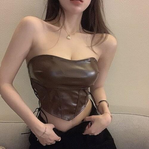 Summer Short-length Lady Punk Gothic Backless Camisole Black Khaki Sexy Girl Strapless Camis Lace-up Hollow Out Rock Basic Top