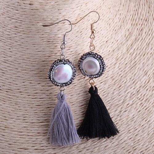 Free shipping New Flat Round Freshwater Pearl With Crystal Pave and Tassel Earring For Women Christmas holiday gift Jewelry