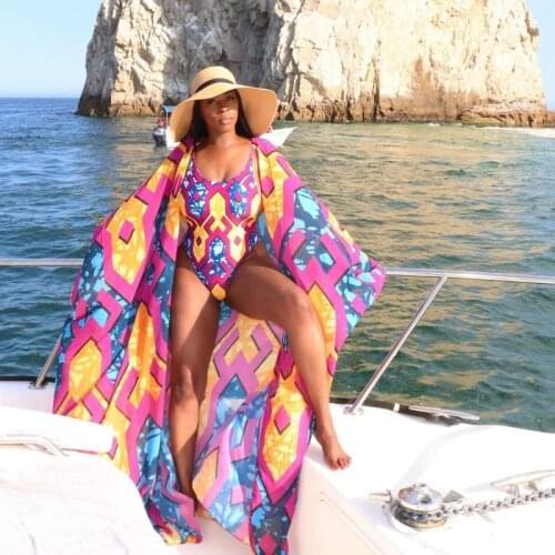 2021 High Quality New Design 2 pcs Chiffon Women Set Print X-long Outwear and Bodysuits Summer Beach Swimsuits