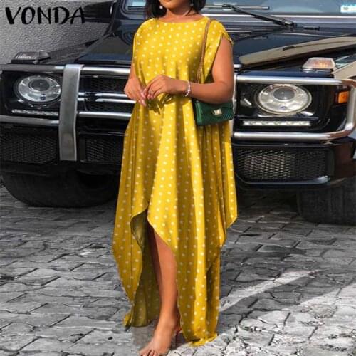 Women Summer Dress 2021 VONDA Vintage Polka Dot Printed Asymmetric Dress Beach Vestidos Oversized Robe Femme Irregular Sundress