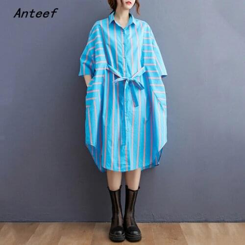 Short sleeve cotton vintage stripe dresses for women casual loose midi woamn summer shirt dress elegant clothes 2021