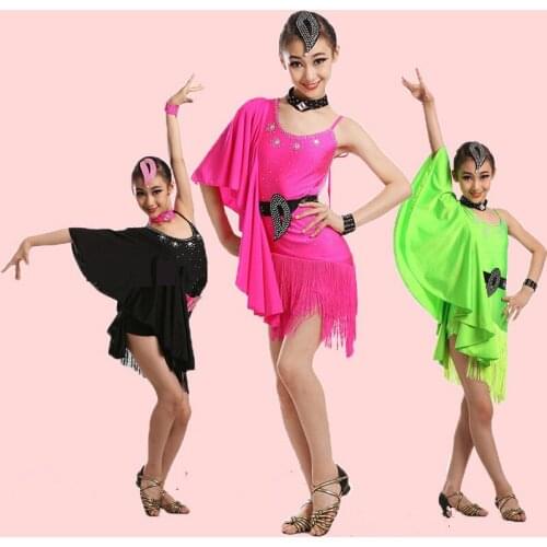 2017 Girls Kids Bat Sleeve Latin Dance Dresses Fringed Skirts Latin Competition Costumes Children Ballroom Dancing Stage Wear