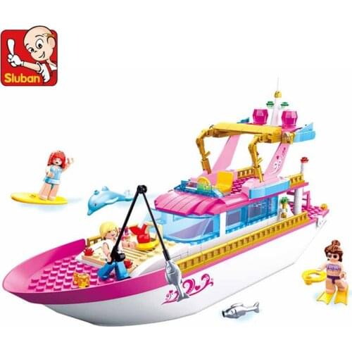 212Pcs Pink Dream Holiday Yacht Building Blocks Sets Sightseeing Boat Friends Bricks Educational Toys For Girls Birthday Gift